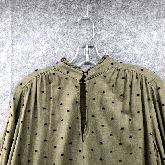Zara Long Sleeve Blouse Womens S Olive Green High Neck Keyhole Swiss Dot - Picture 5 of 9